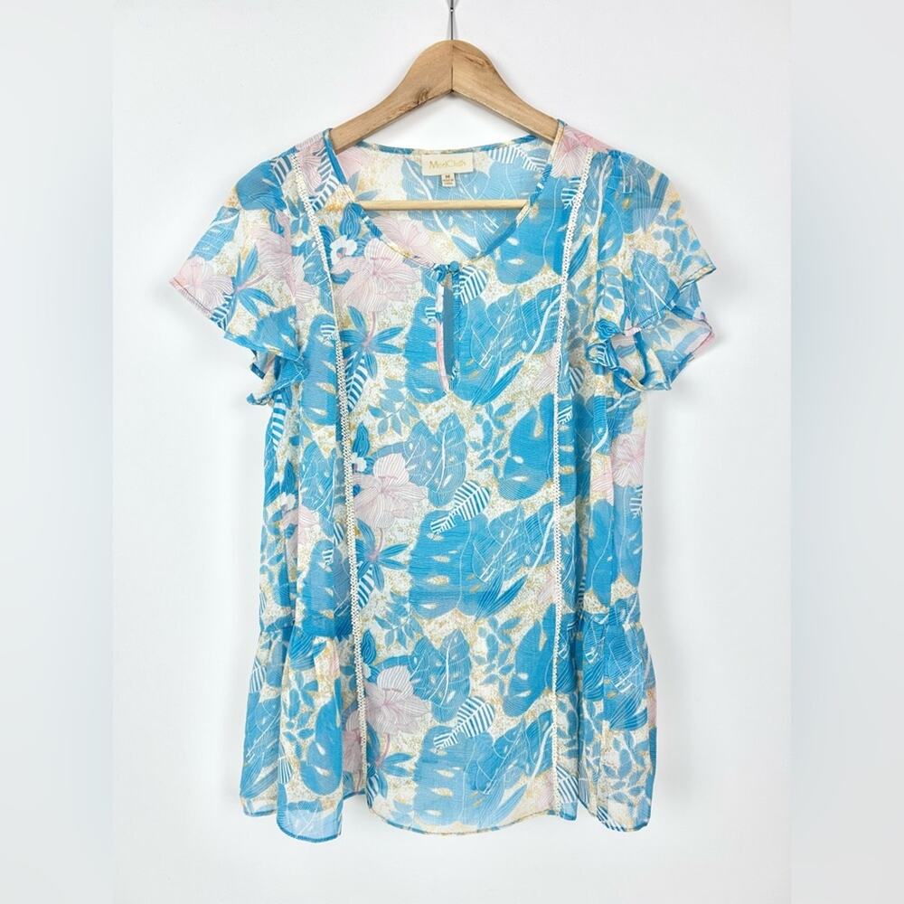 ModCloth Top Sheer Blouse Lace Tropical Floral Palm Print‎ Blue Women's Medium